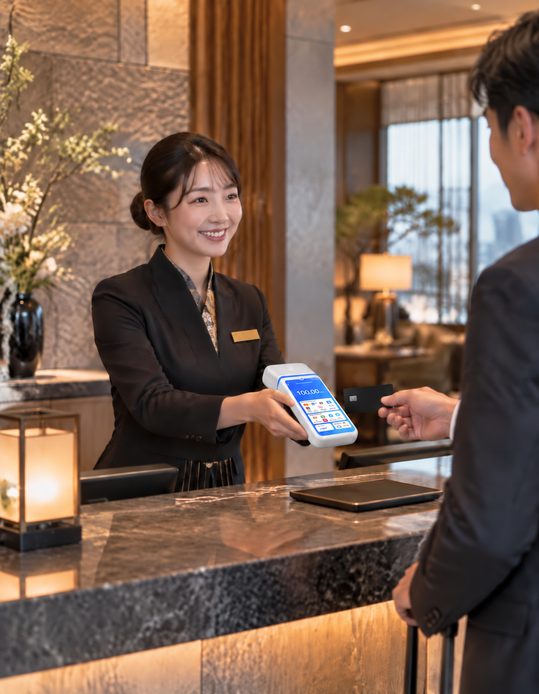 Hotel receptionist handing a card payment terminal to a guest at check-in
