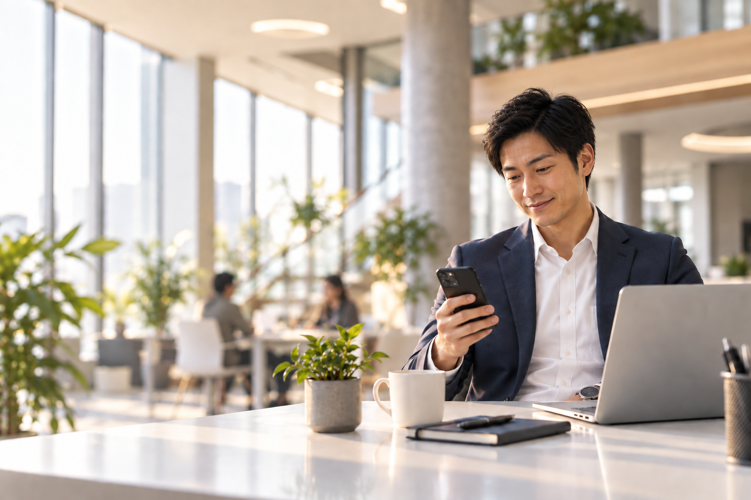 Asian business owner reviewing an invoice payment on a laptop while a client payment confirmation shows on a smartphone in a Hong Kong office