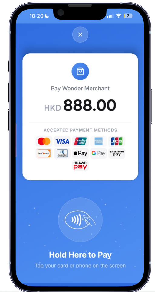 Wonder SoftPOS app charge screen on a mobile phone, ready to accept a tap-to-pay payment