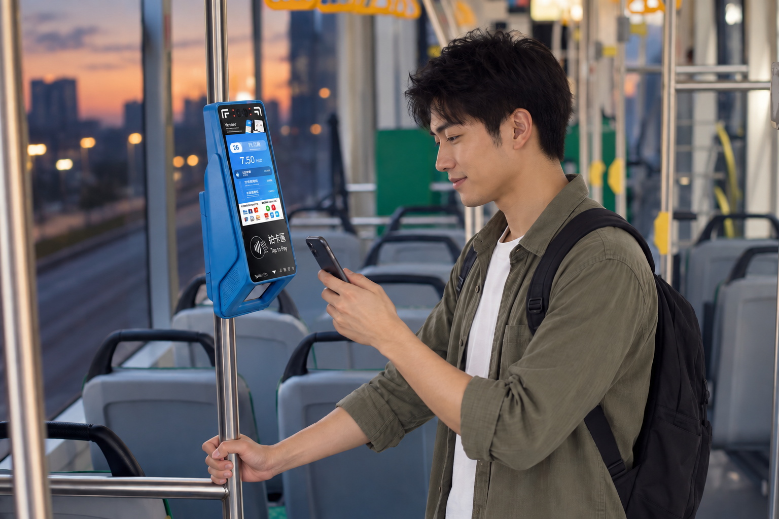 Passenger using a mobile wallet to tap a fare validator inside a bus