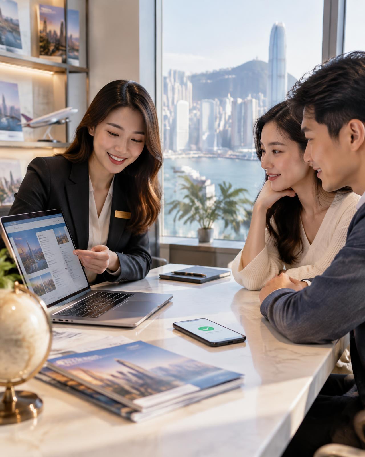 Travel consultant assisting customers with a booking while a payment confirmation shows on a smartphone in a Hong Kong travel agency