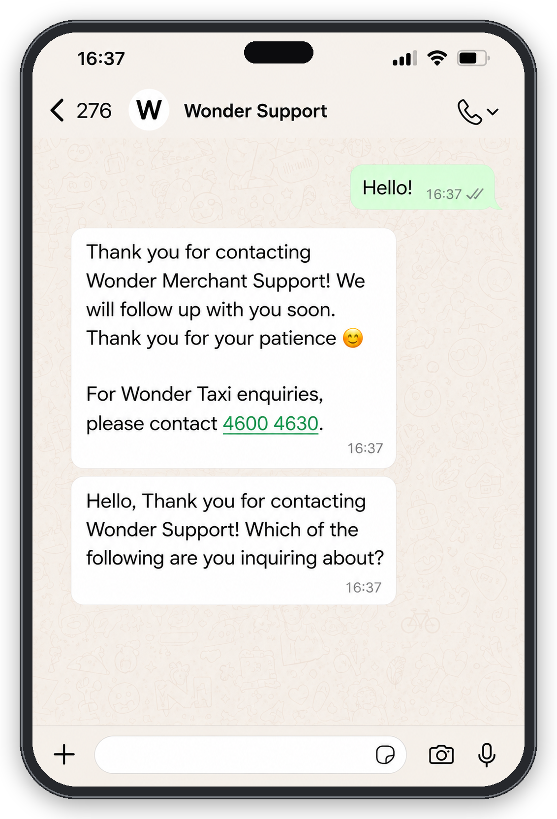 Wonder Support conversation on WhatsApp