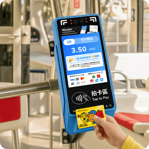 Hand tapping a card on a Wonder Transit X validator screen