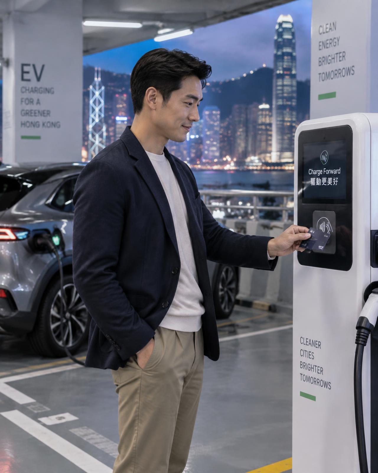 Driver making a contactless card payment at a modern EV charging station in a Hong Kong car park