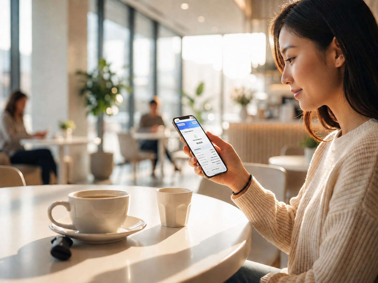 Traveller completing a mobile payment on her phone at an airport cafe