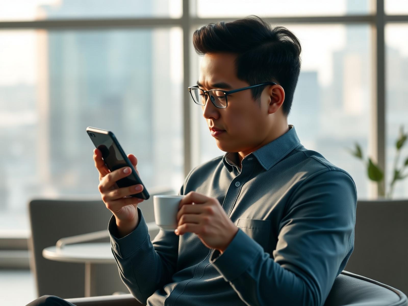 Professional checking a banking app on his phone in a modern office lounge