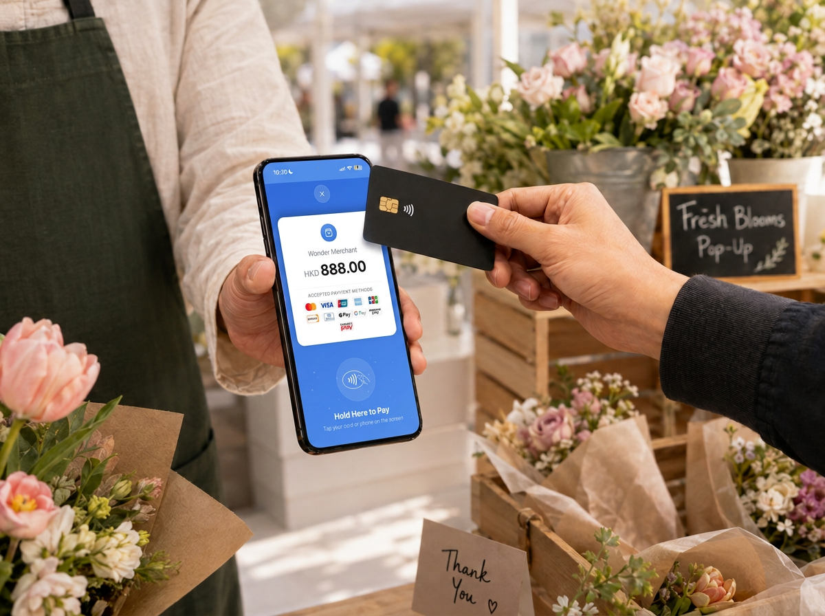 Hand holding a Wonder Visa card tapping a phone running the Wonder SoftPOS payment screen