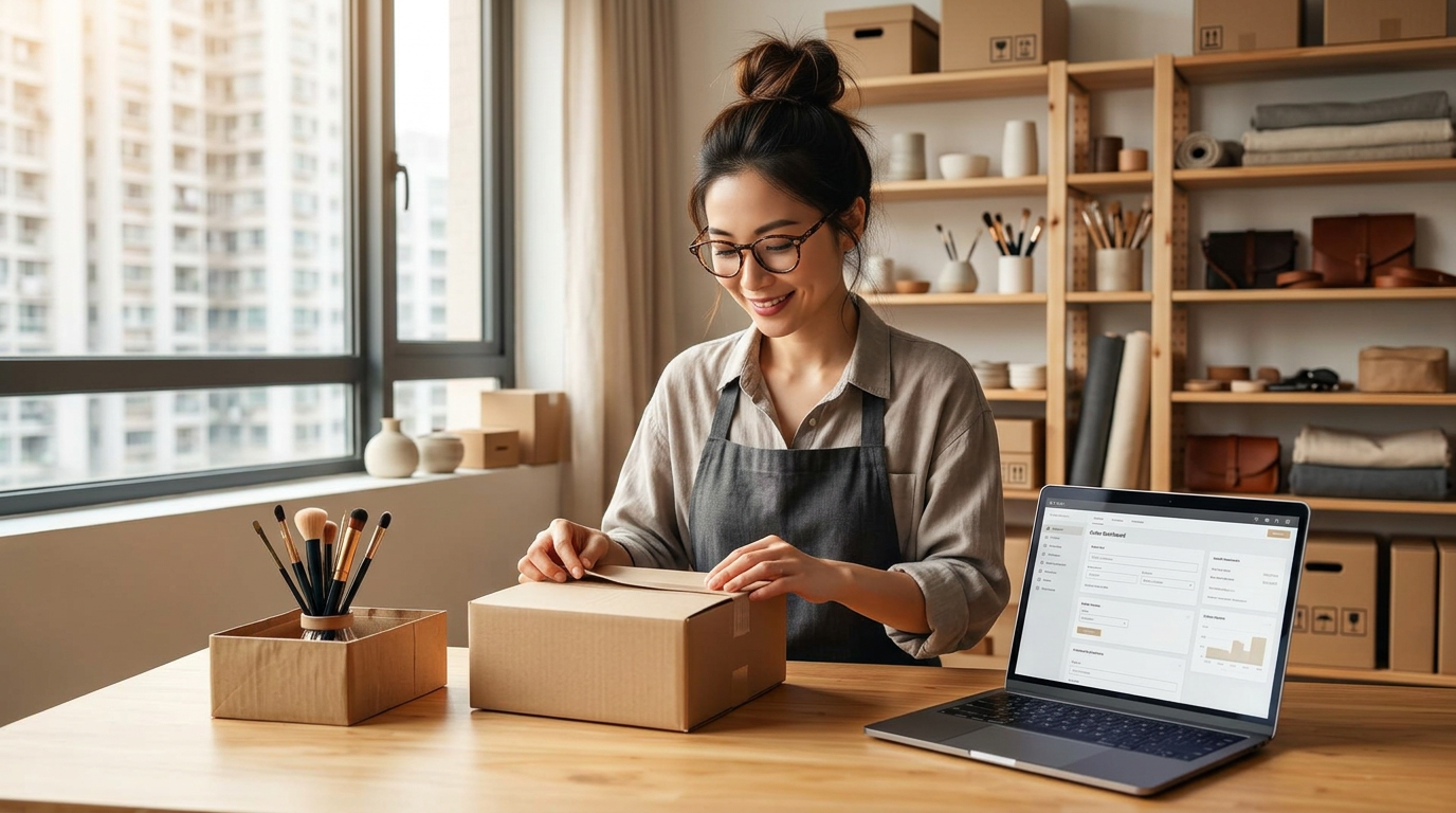 Business owner packing an online order in her studio