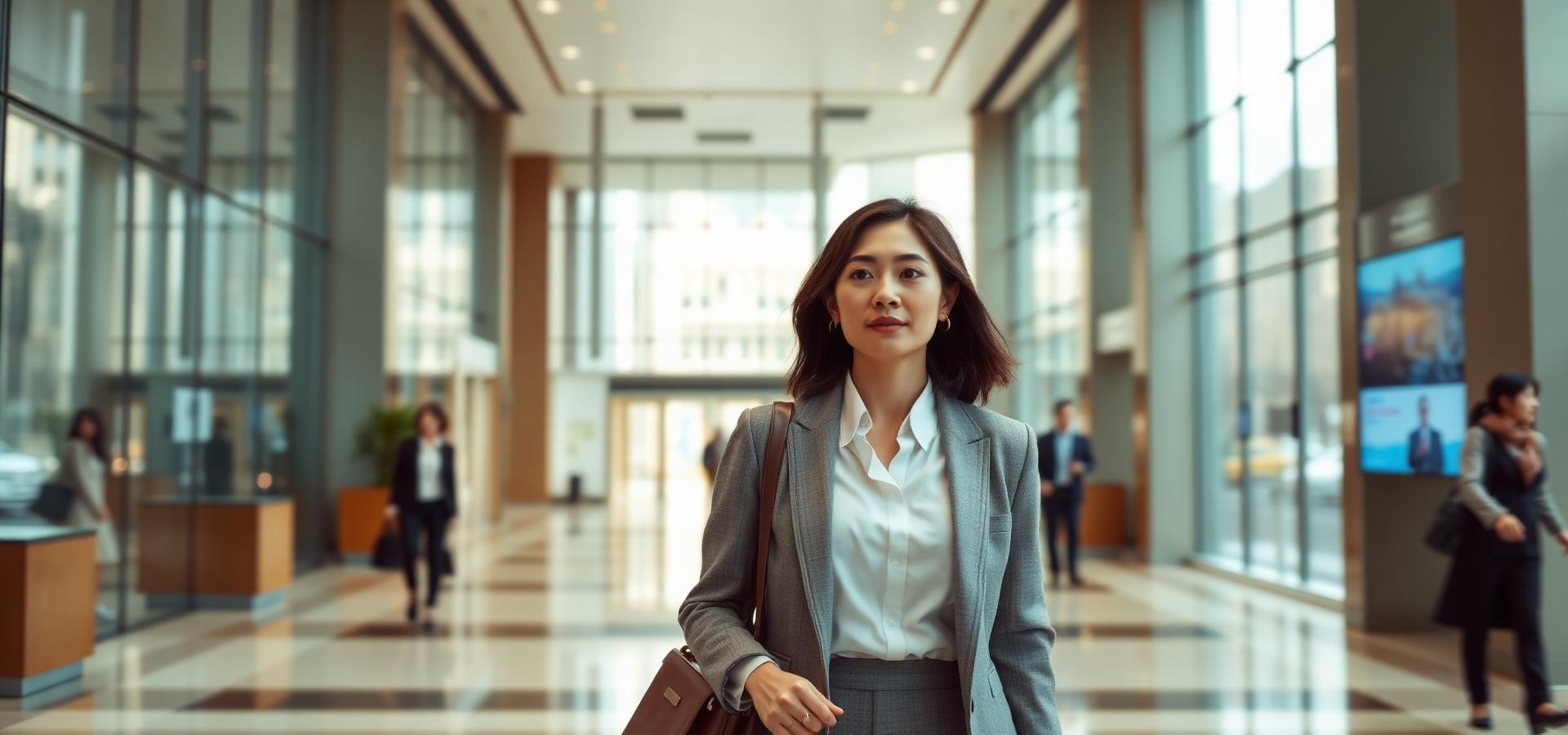 Businesswoman walking through a modern financial district lobby