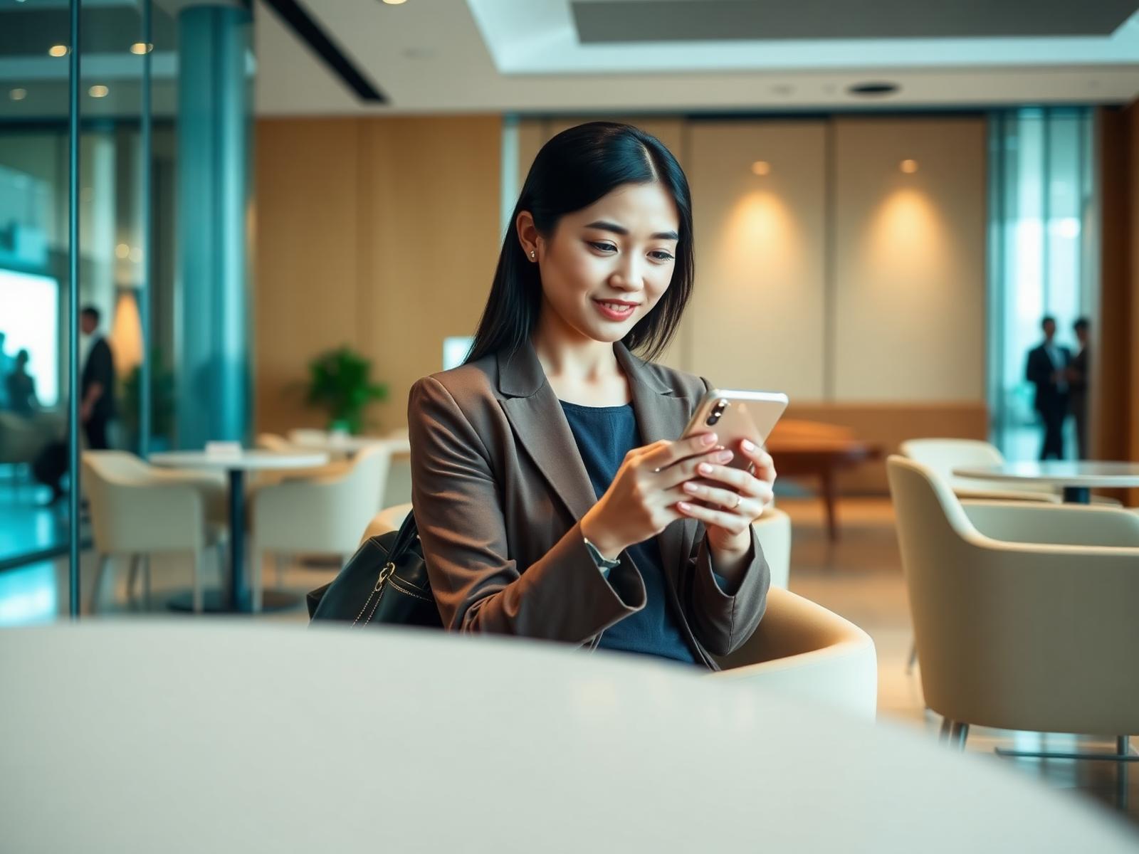 Customer using her banking app in a modern financial-services lounge