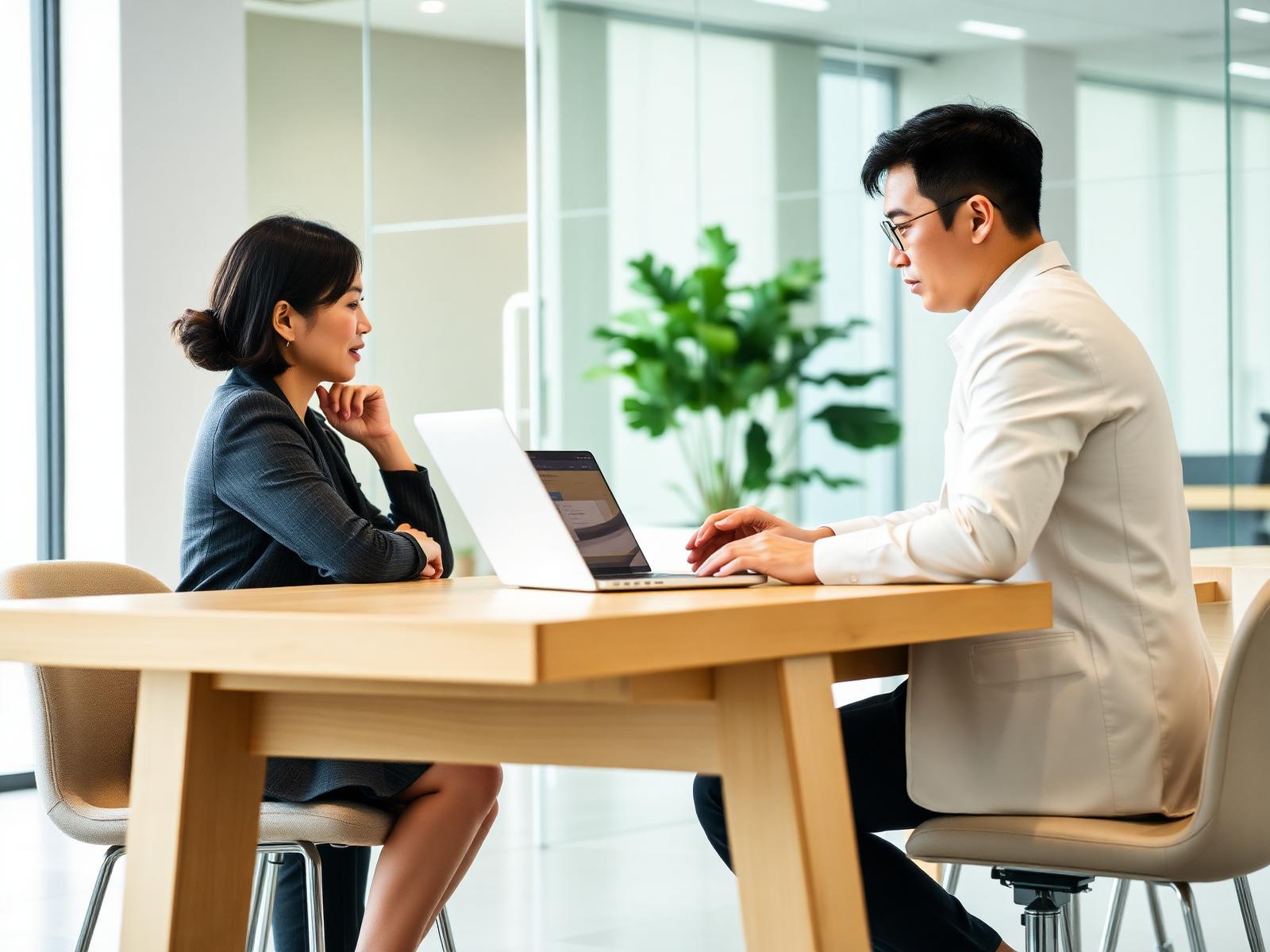 Two professionals reviewing work on a laptop in a bright financial office